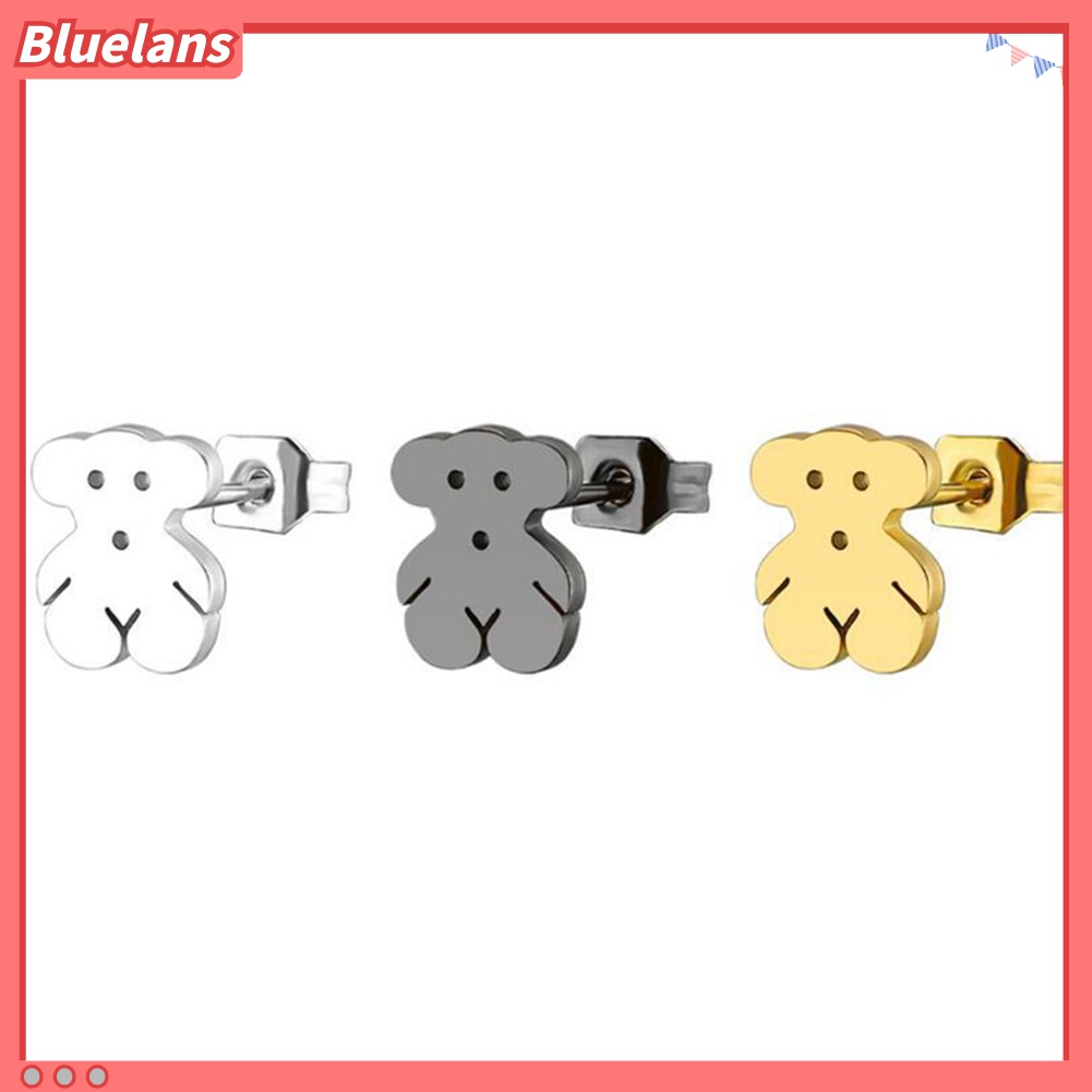 Anting Tusuk Bentuk Kartun Beruang Mini Bahan Stainless Steel Untuk Wanita