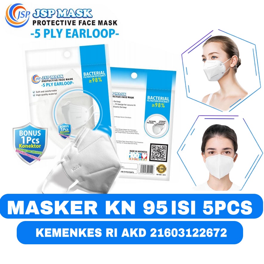 Masker KN95 5 PLY PREMIUM MASKER MEDIS ISI 5PC FREE KONEKTOR 1PCS / Masker KN 95 Isi 5PCS/ Masker KN95 5PLY EARLOOP
