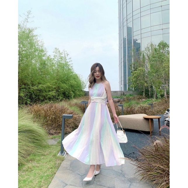 Dress Korea Rainbow Pleated Dress Kondangan Korean Style Baju Plisket Outfit Wanita Kekinian Vintage
