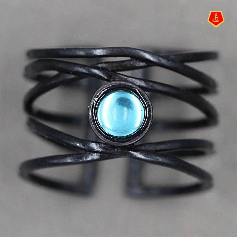 [Ready Stock]Creative Abstract Art Line Moonstone Ring Exaggerated Black Gold Fashion