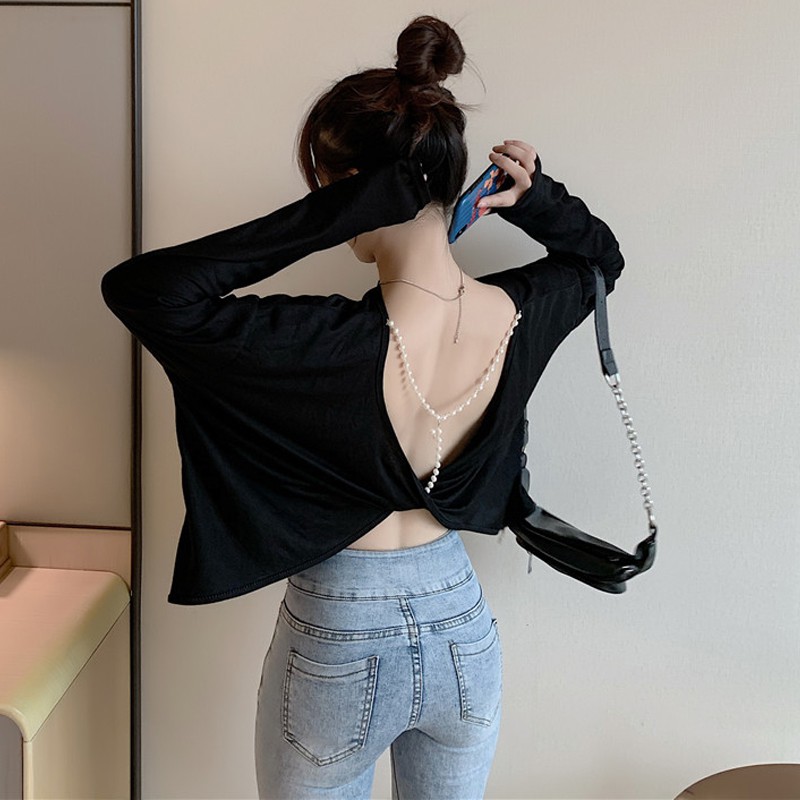 Sexy Backless Licik Desain Tipis Panjang Lengan Pelindung Matahari Top Wanita Longgar Baru PutihTT-s