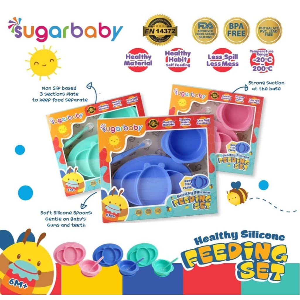 Sugar Baby Silicone silikon Healthy Feeding Set isi 3 / Set Alat Makan Bayi / Feeding Set Makassar