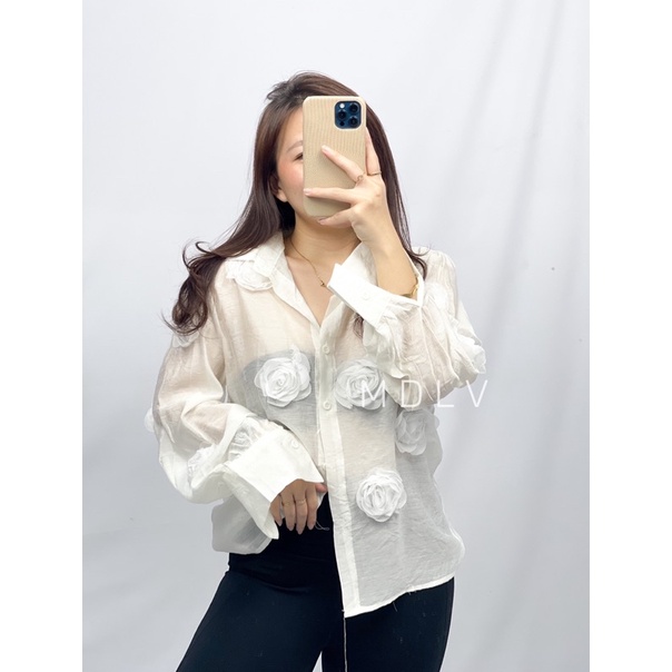 MDLV ~ 2900# Pazienza 3D Rose Applique Shirt Atasan Kemeja Puff Mawar Fashion Import