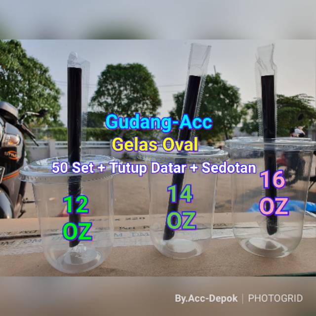 ExtraWrap (CCA) Paket Komplit 50 Set Gelas Oval + Tutup Datar + Sedotan 16Oz 14Oz 12Oz Cup U + Lid +