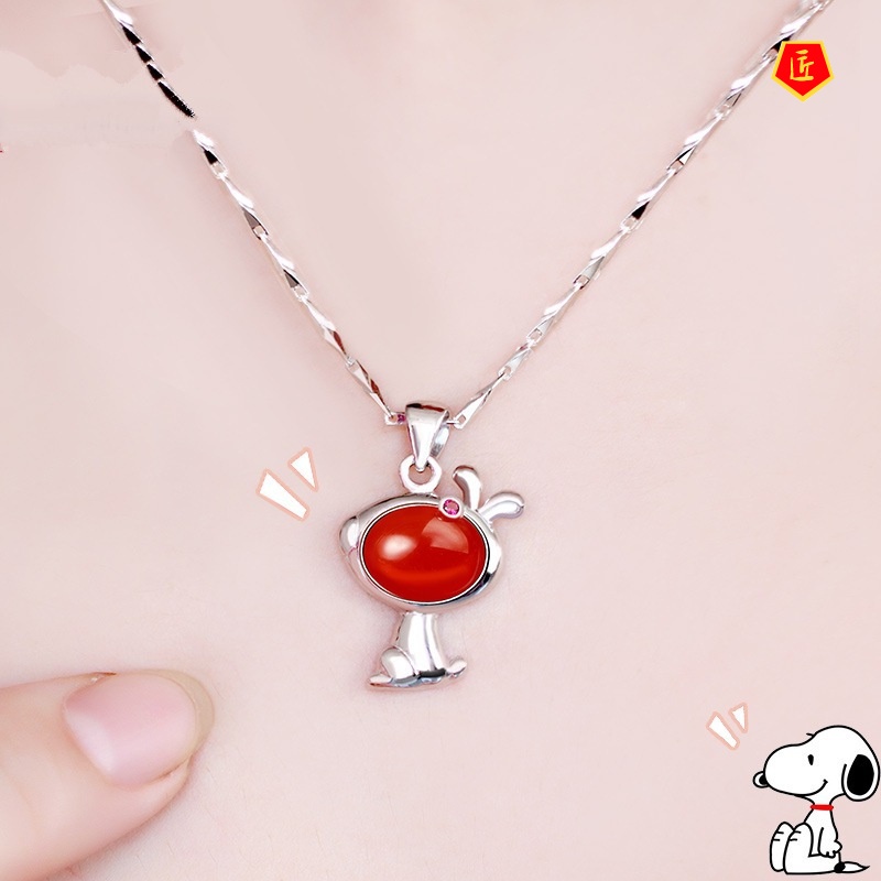 [Ready Stock]925 Silver Red Agate Necklace for Women Chinese Zodiac Dog Auspicious Cute