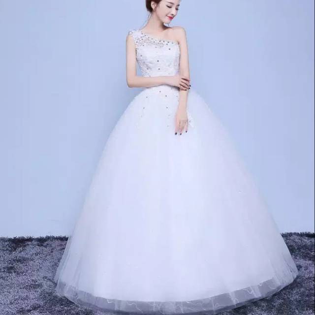 Gaun Wedding Putih/Gaun Pernikahan One Shoulder Putih