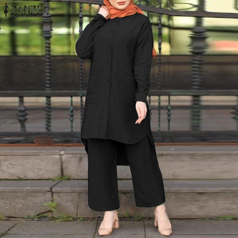 ZANZEA Women Full Sleeved Casual Loose Solid Blouse Suits Muslim Sets