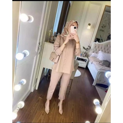 ONE SET MOTIF POLOS/ SETELAN RAYON VISCOSE MOTIF POLOS/SETCEL KEKINIAN/SETELAN WANITA TERBARU/DNILYA-CREAM