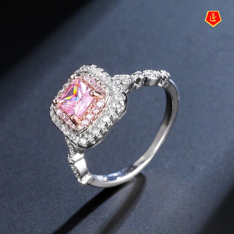 [Ready Stock]925 Silver Pink Micro-Inlaid Square Rhinestone Ring
