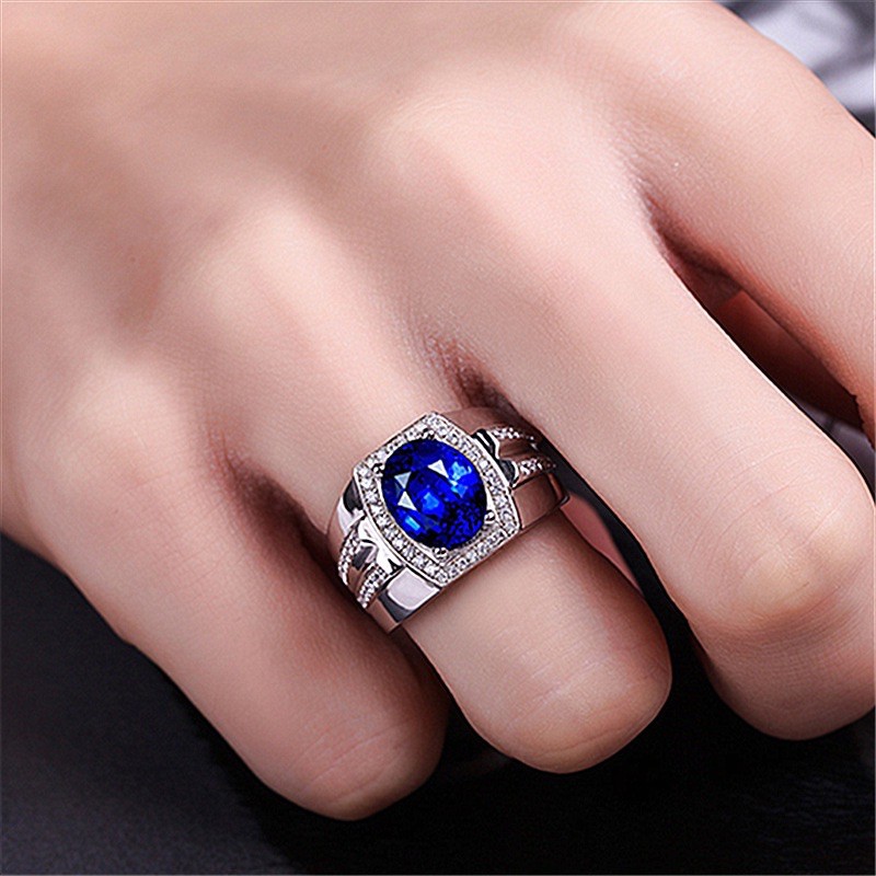 Cincin Pria Akik Safir Biru Ring Warna Perak Zircon Blue Saphire