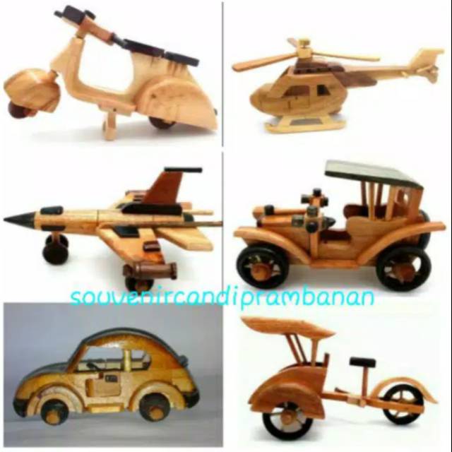 PAKET HEMAT MINIATUR KAYU UKURAN SEDANG ISI 6 PCS VESPA HELIKOPTER PESAWAT F16 MOBIL TUA VW BECAK