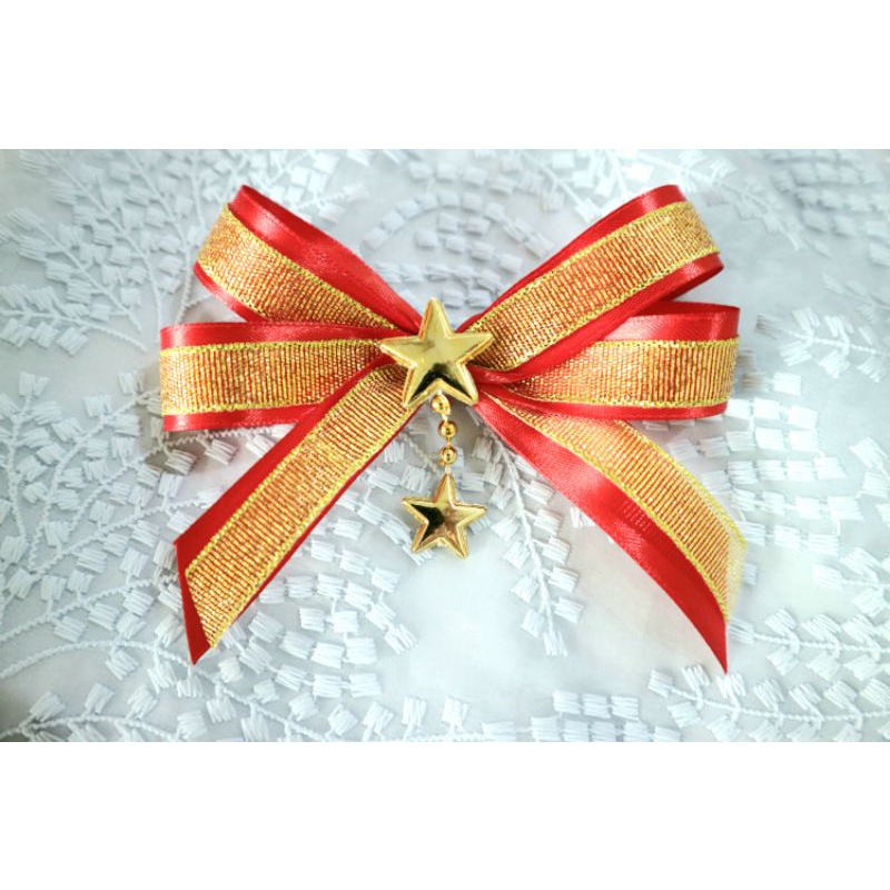 

Pita satin natal bintang/double satin bow red star