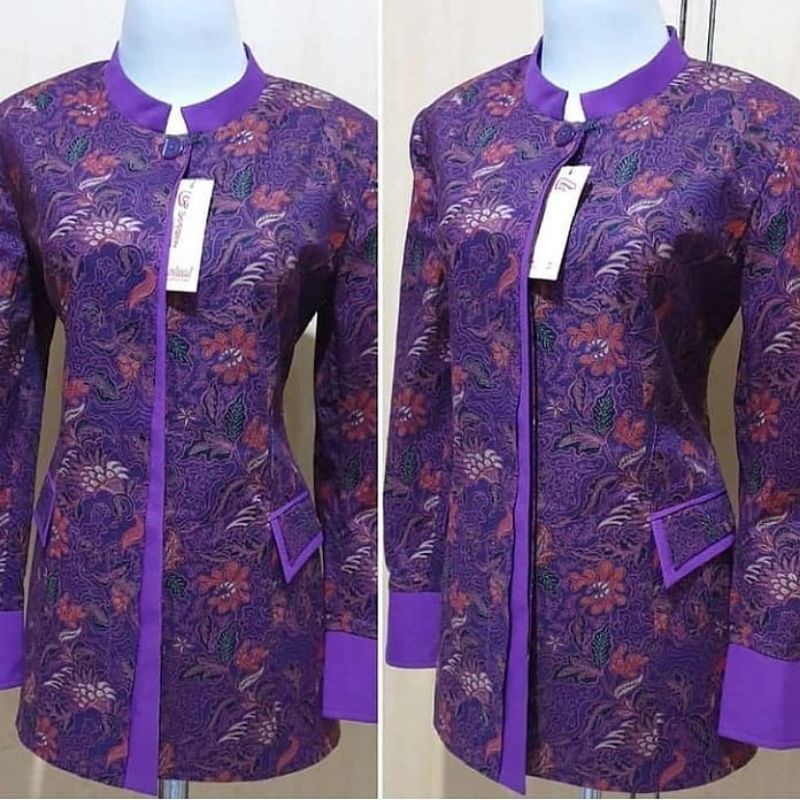 Blazer Kerja Wanita Ungu Batik Stelan Rok Span Blezer Kantor Setelan Celana Seragam Kerja Ungu Batik