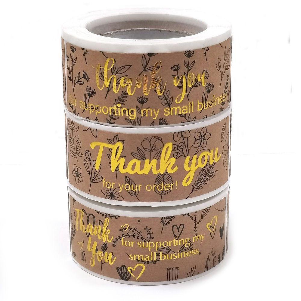 SOLIGHTER 120PCS/Roll 3x1 Inch Thank You For Supporting Stationery Kraft Paper Decals My Small Bussiness Package Decor Gift Hot Stamping Rectangle Leaves Floral Stickers Envelope Sealing Labels
