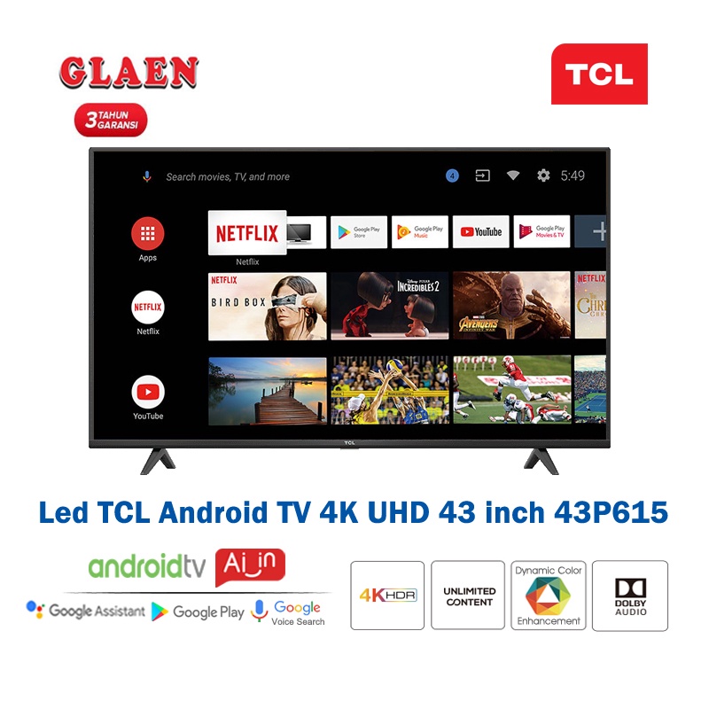 Led TCL Android TV IA-IN 4K UHD 43 inch 43P615 | TV TCL 43 inch Android Digital Tv