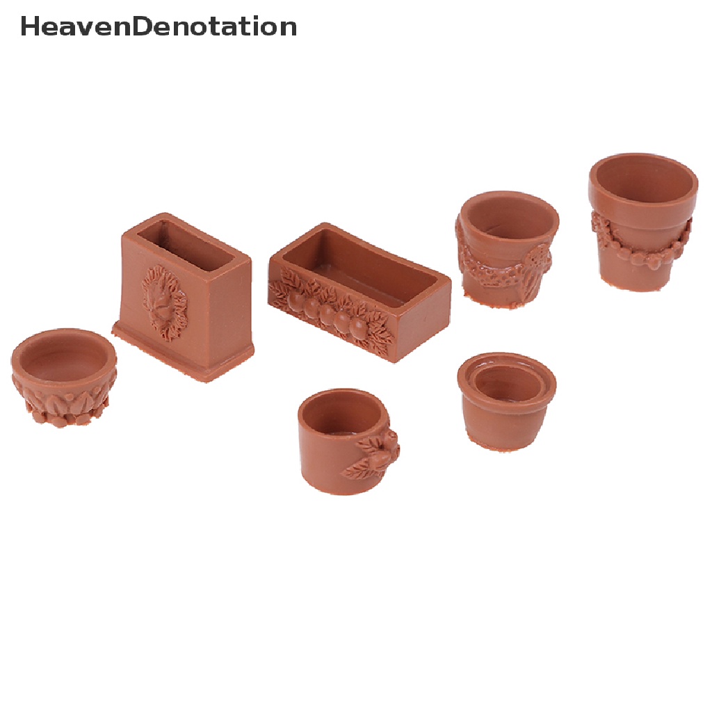 (Heavendenotation) 7pcs / Set Mainan Miniatur Pot Bunga Bahan Resin Untuk Aksesoris Rumah Boneka 1: 12