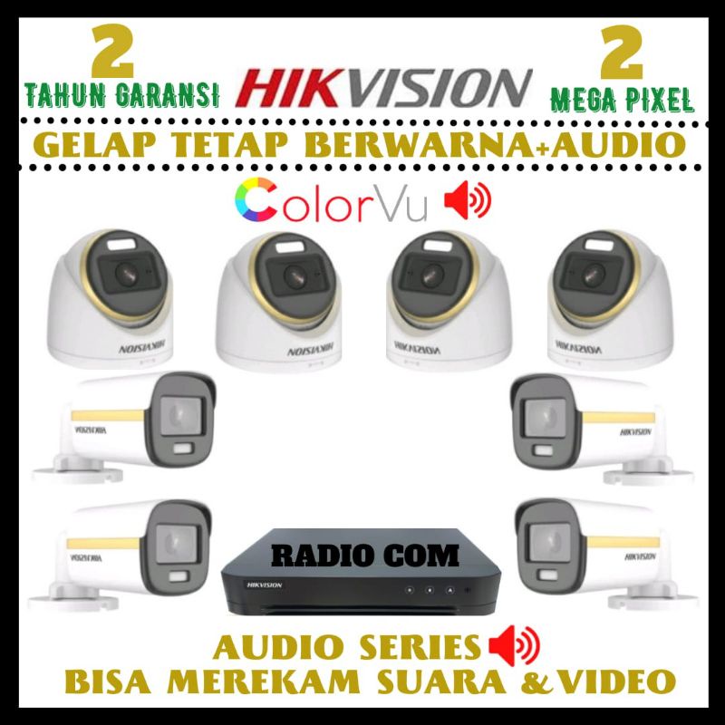 PAKET CCTV HIKVISION COLORVU 2MP 8 CHANNEL 8 KAMERA SIANG MALAM BERWARNA+AUDIO