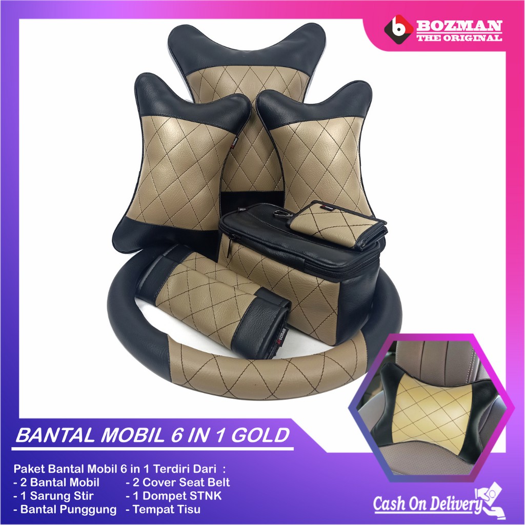 Set Bantal Mobil 6 in 1 Bantal Mobil Seatbelt Sarung Stir Dompet STNK Bantal Pinggang Tempat Tissue Premium