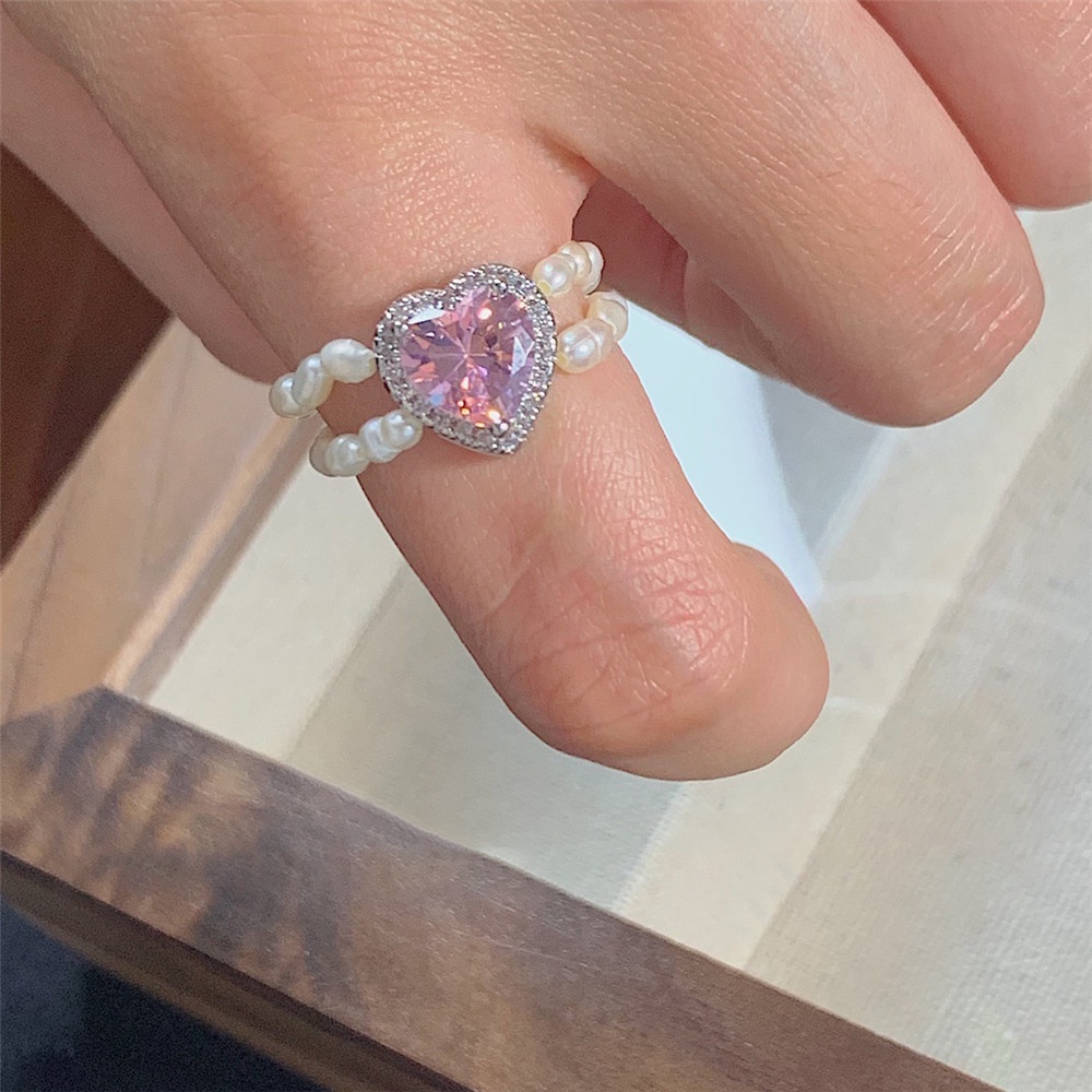 Perhiasan Cincin Manik-Manik Mutiara Berlian Bentuk Hati Untuk Wanita