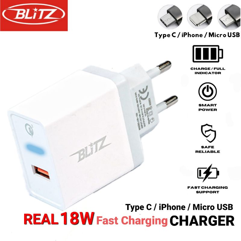 MARS BLiTZ Adaptor Charger CB-102 Fast Charging Qualcomm 3.0 18W + Kabel Type C / Micro USB / iPhone