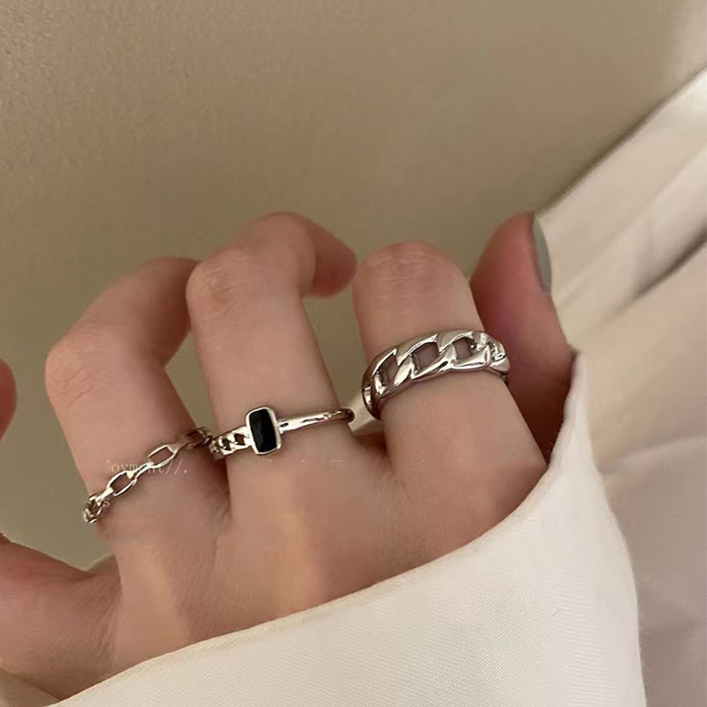 IFYOU 5pcs / set Cincin Rantai Warna Hitam Silver Gaya Korea Untuk Wanita