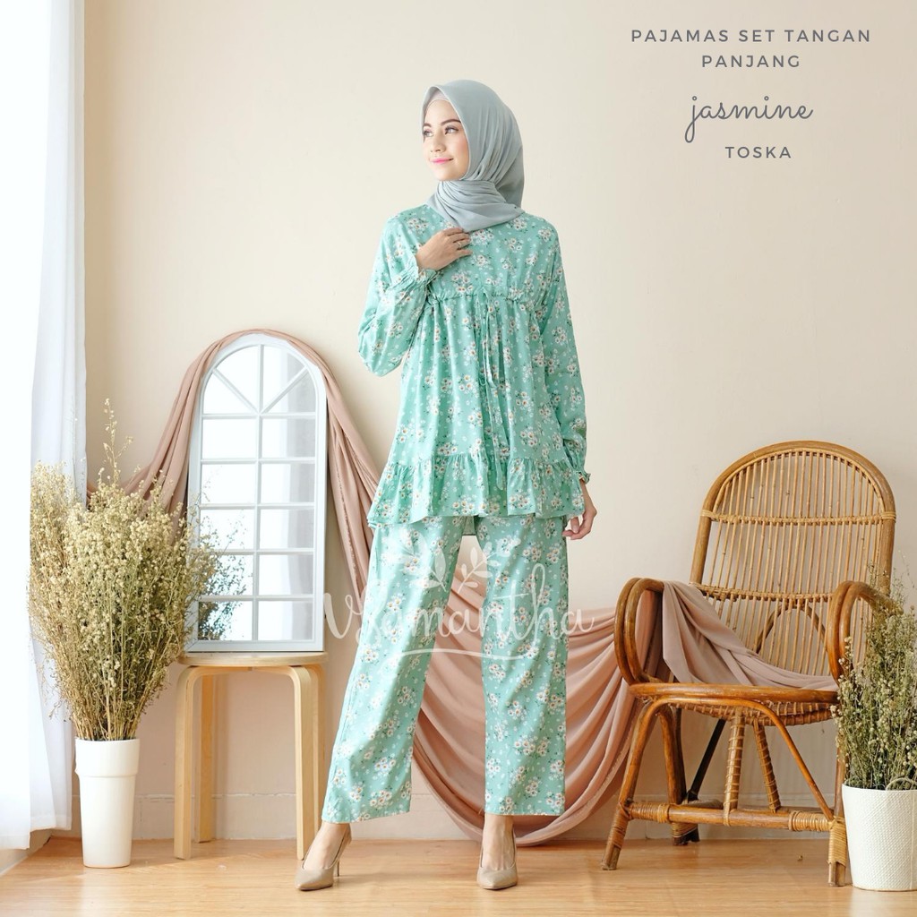 vSamantha - Pajamas Set / Piyama Set Muslim Rayon Rempel Busui Friendly - Tangan Panjang-Jasmine Toska