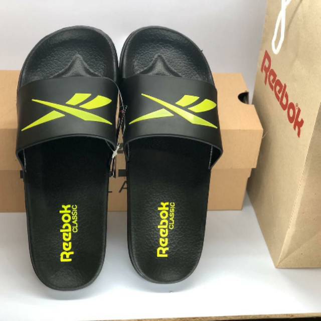 SENDAL REEBOK CLASSIC COWO CEWE HITAM POLOS FLIP FLOP SLIDE ON SANDAL SLOP MURAH SPORT PRIA WANITA