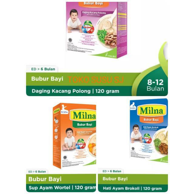 MILNA BUBUR 8 + 120 GR/120gr/8+/8 bulan/salmon cah bayam/sup ayam jagung/daging kacang polong/hati ayam brokoli