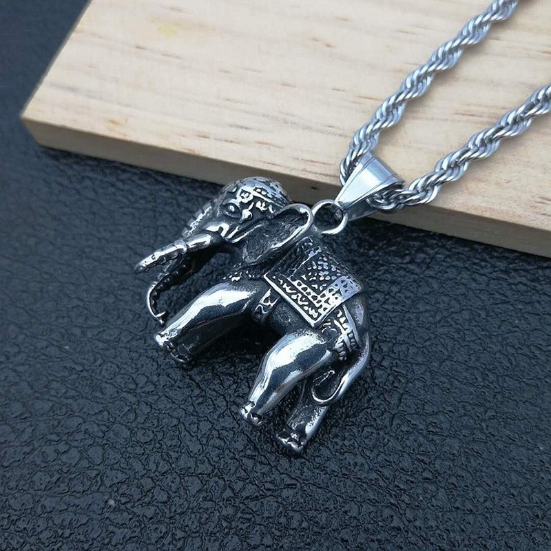Kalung Liontin Bentuk Gajah Bahan Stainless Steel Gaya Vintage Hip Hop Punk Untuk Pria