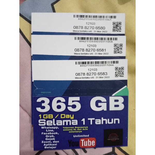kartu perdana xl 365GB, masa aktif 1tahun, masih dapat gratis tlp ke sesama xl/axis