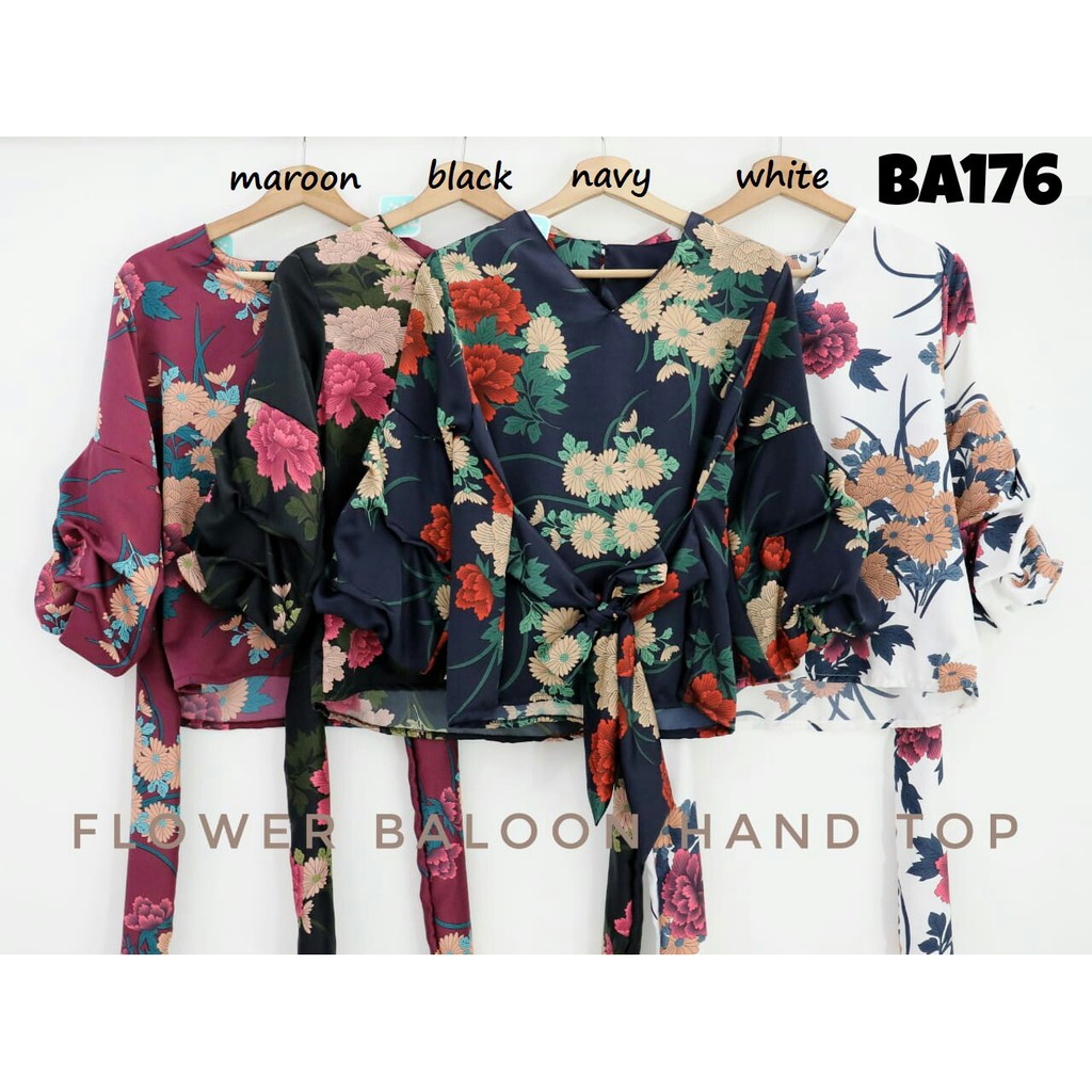  Baju  atasan  blouse ikat lengan  balon  motif bunga pergi 