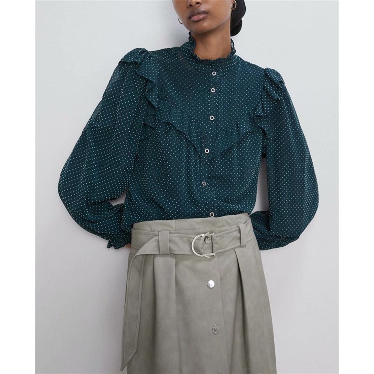 Dot Ruffle Sleeve  shirt | kemeja model ruffle renda wanita pink hijau botol