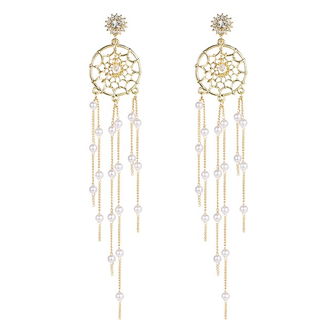 LRC Anting Tusuk Fashion Gold 925 Silver Needle Pearl Tassel Dreamcatcher Earrings F89462