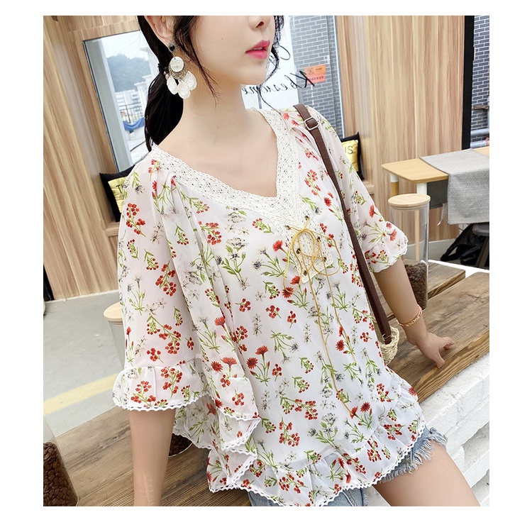 2022 New Fashion loose Korean Chiffon Floral 3/4 Sleeve White Blue Women Blouse Tops Pakaian Serban 2023