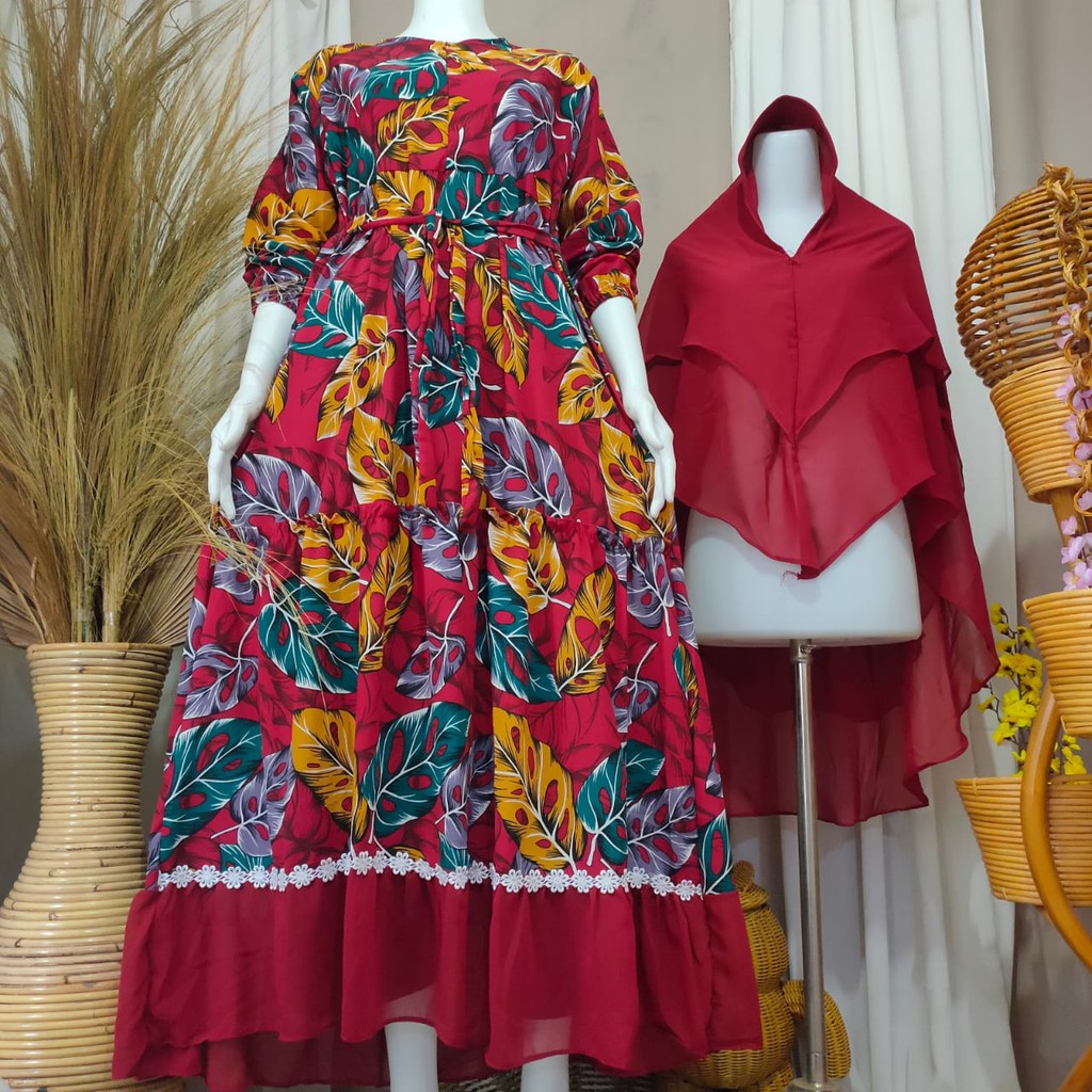 Set Gamis Hijab Daun Monstera / Jabol