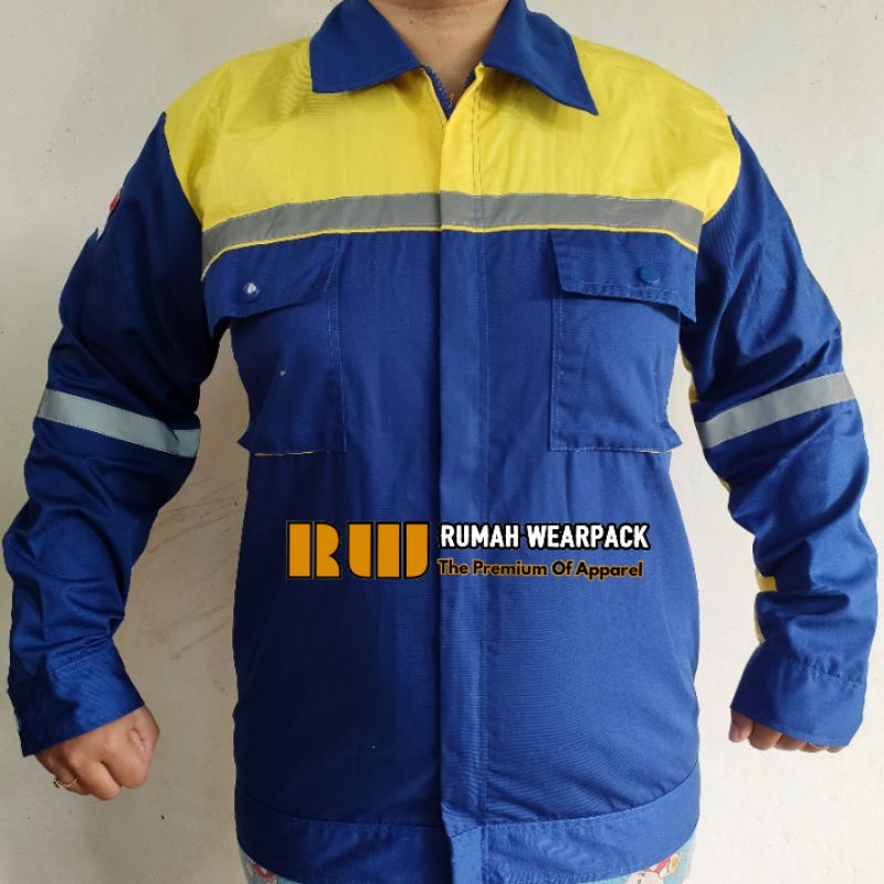 Wearpack Kerja/ Baju Proyek/ Seragam Kerja Warna Biru Benhur Kombinasi Kuning