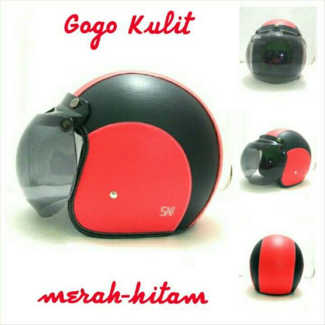 Helm Bogo Retro SNI Kulit Classic Merah Hitam + Kaca Bogo Ori
