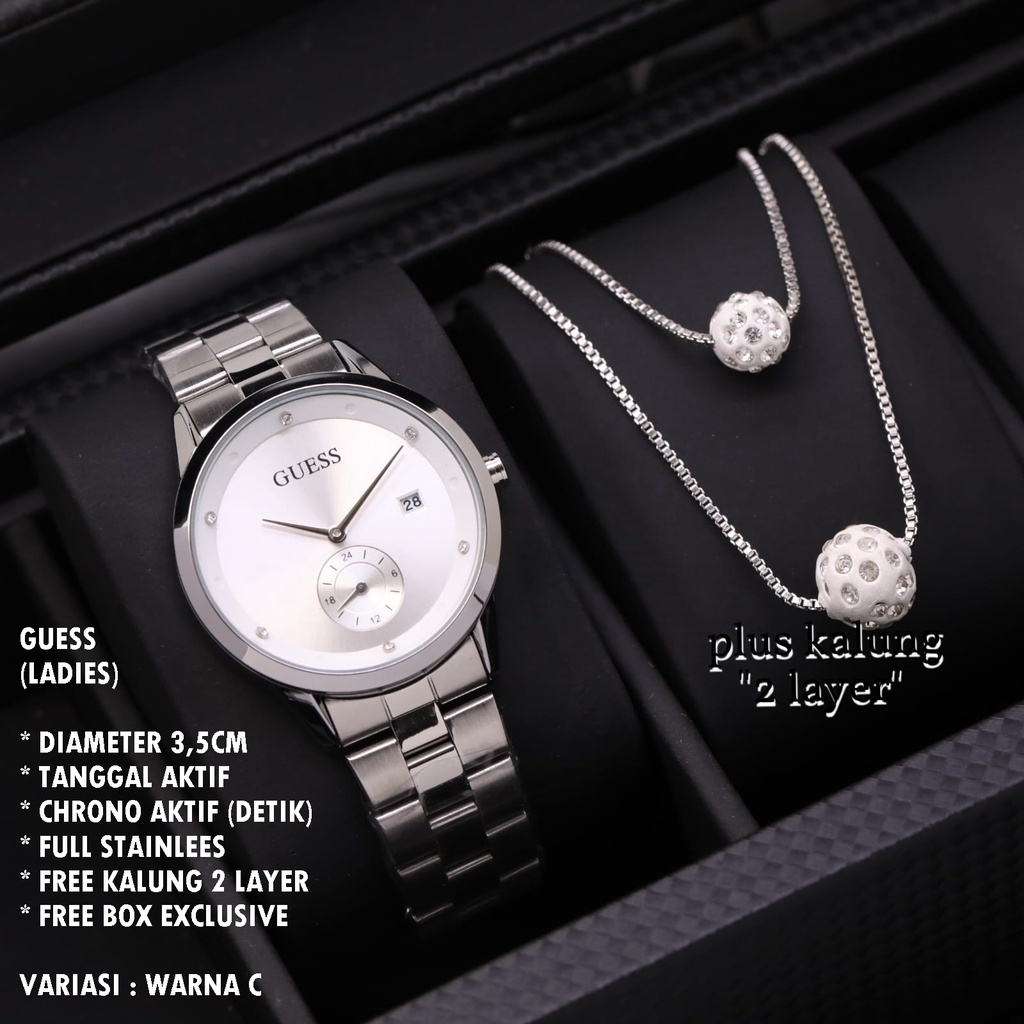 (BISA COD) JAM TANGAN WANITA GUESS RANTAI BODY BULAT TANGGAL &amp; CHRONO AKTIF FREE KALUNG