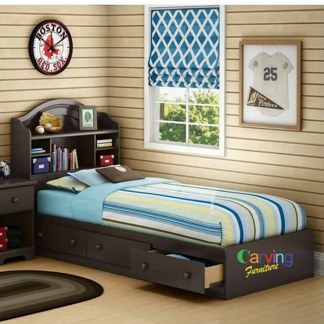 Dipan anak minimalis jati tempat tidur single laci 3 rak buku