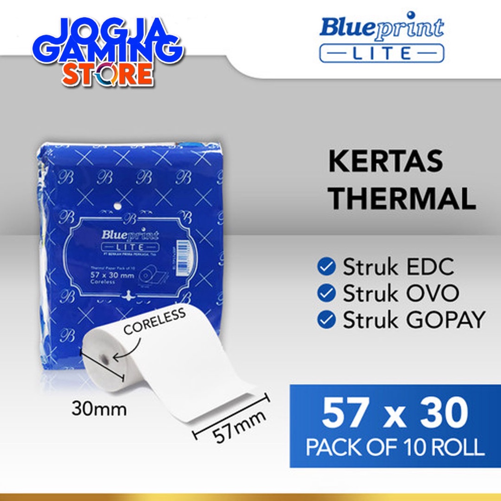 

Kertas Thermal / Kertas Kasir / Kertas Struk BLUEPRINT LITE 57x30 mm - 1 Pack Isi 10 Roll