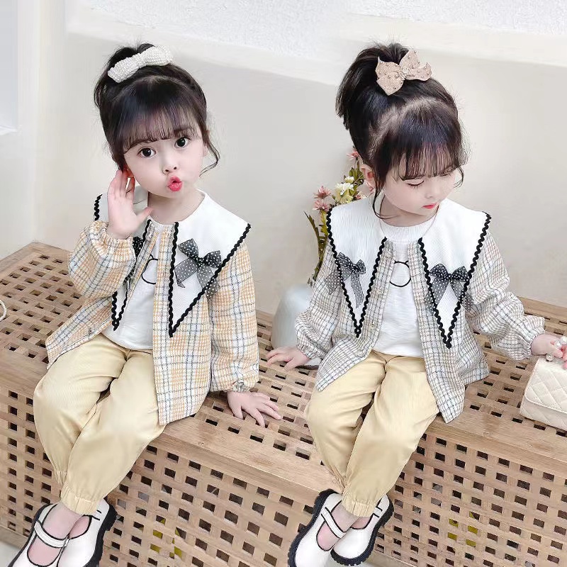 KF CAT Setelan Anak Perempuan  Fashion Kotak-Kotak Lengan Panjang+Blazer+Celana Panjang 3in1Korea Import Umur 1-4 Tahun-1