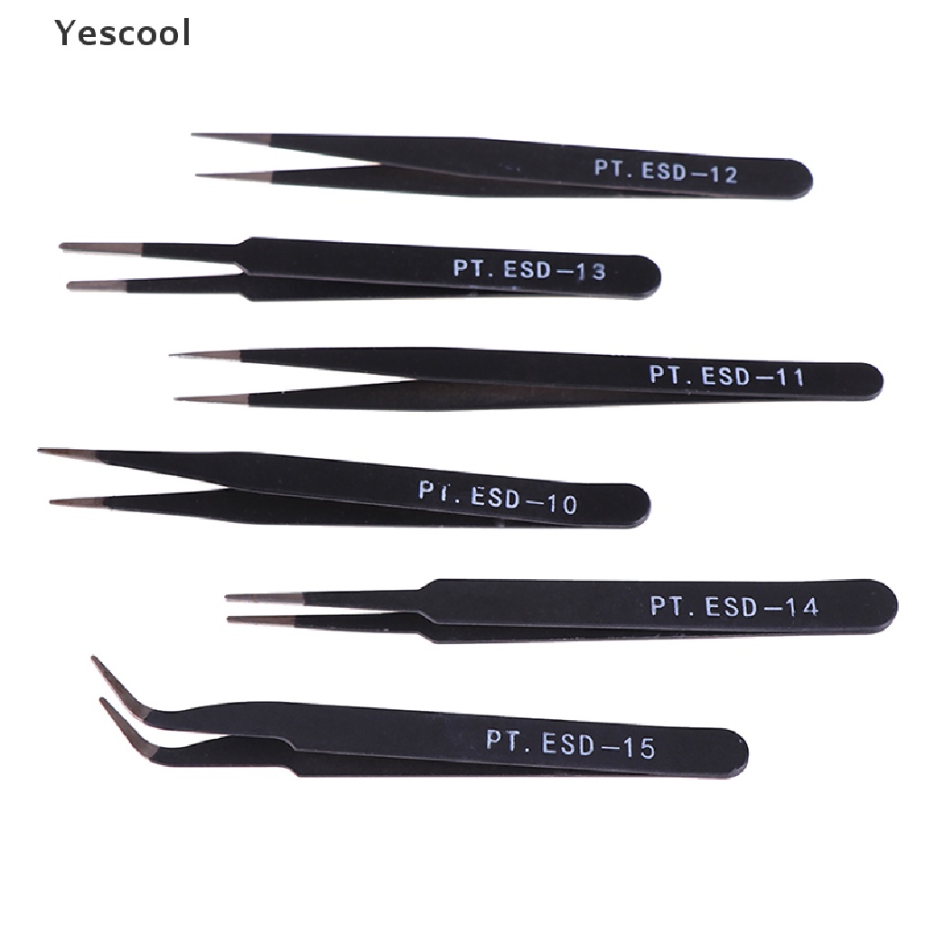 Yescool 6Pcs Pinset Lurus / Lengkung anti Statis Untuk Reparasi esd