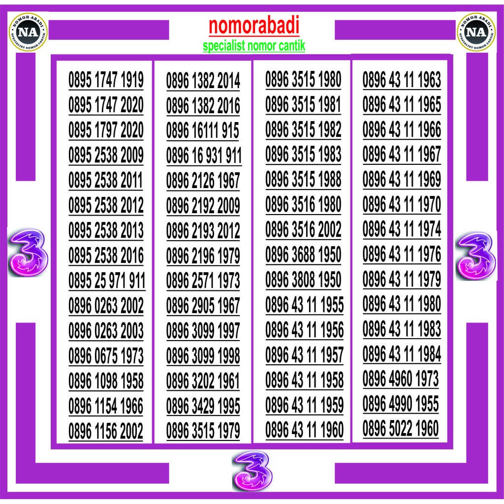 nomor cantik tri tahun h80