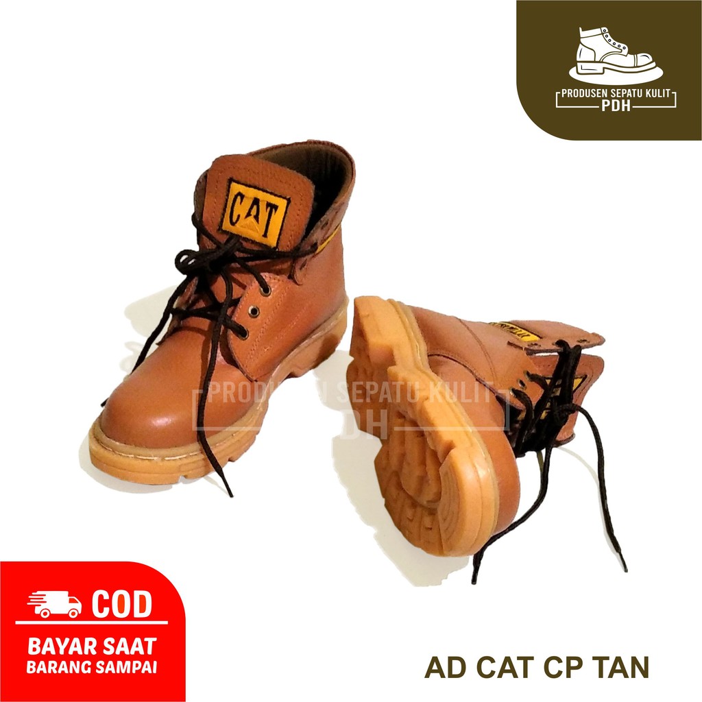 SEPATU SAFETY MURAH BOOT PENDEK TALI KING CATERPILLAR UJUNG BESI KULIT ASLI CAT.CP TAN