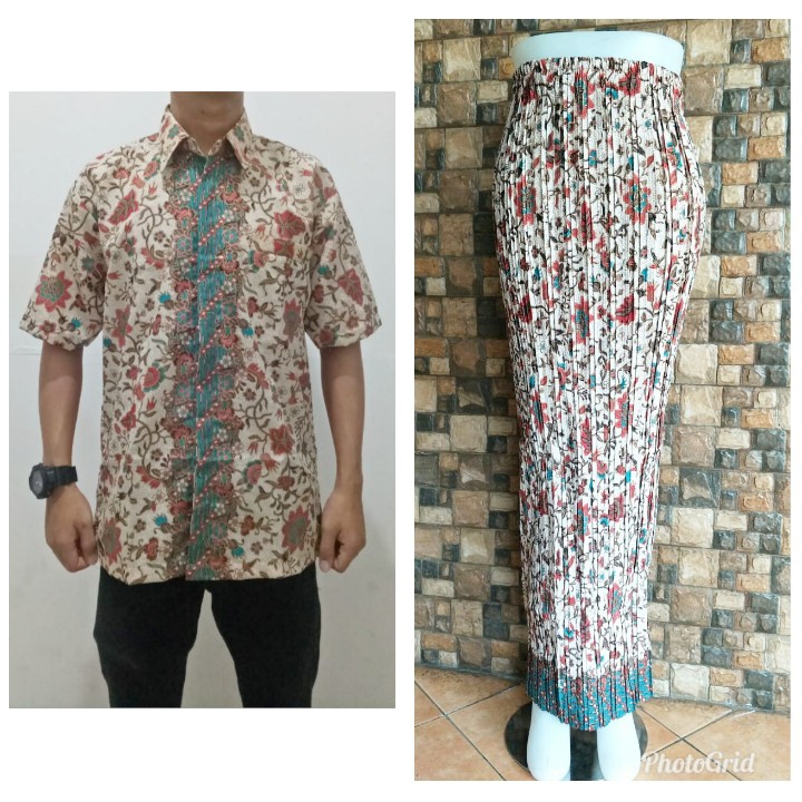 SB Collection Couple Rok Plisket Reka Maxi Panjang Jumbo Dan Kemeja Batik Pria