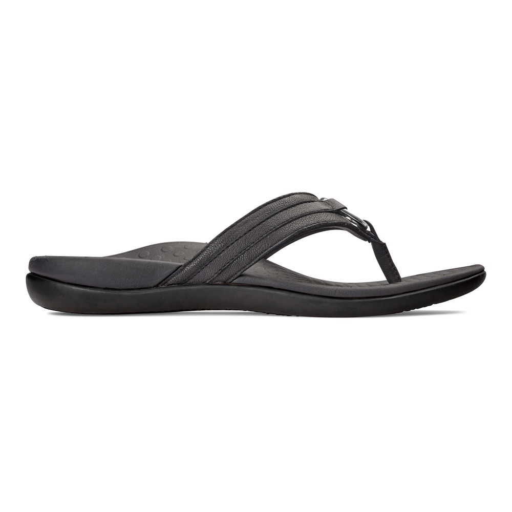 Vionic Aloe Leather Black Sandal Wanita