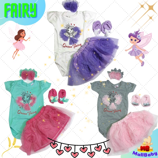 Baju Bayi Perempuan 3 6 9 12 Bulan Setelan Jumper Set Bandana Sepatu Bayi Queen Fairy Peri