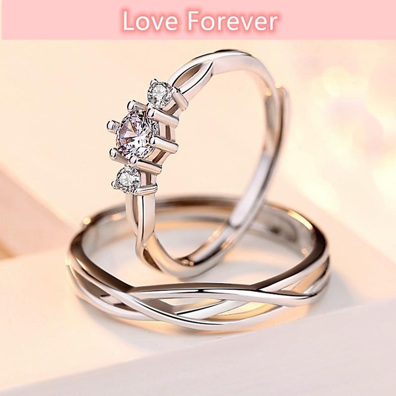 2pcs 925 Silver Cincin Pasangan Berlian Kristal Cincin Pernikahan Pasangan yang Dapat Disesuaikan Couple Ring Crystal Diamond Couple Wedding Adjustable Rings