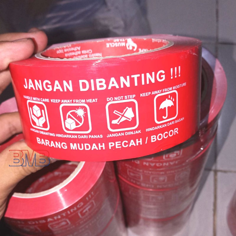 

MERAH Lakban 100 Meter Fragile Printed Cetak Latar Merah