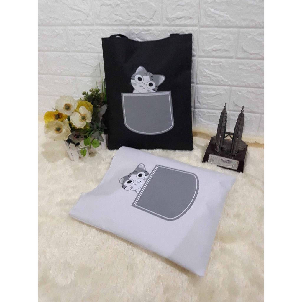 LS 455 - CAT IN POCKET Totebag Kuliah/Totebag Sekolah